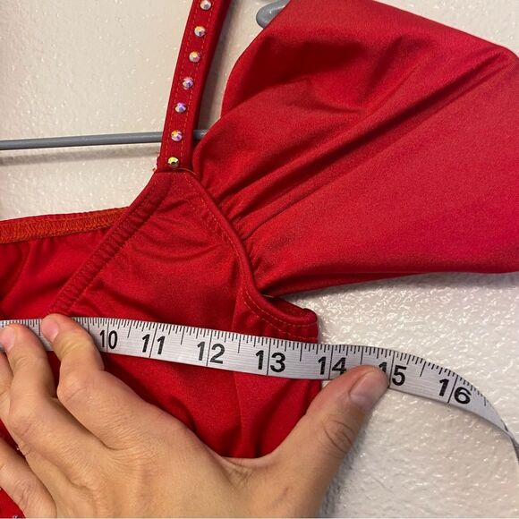 Kelle dance solo costume red rhinestoned asymmetrical one sleeve leotard Teen SA - Picture 6 of 7